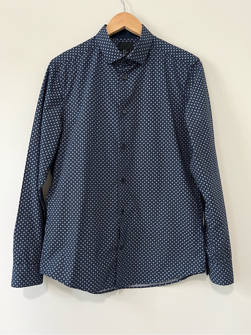 H&M Men's Navy Blue Geometric Micro Print Long Sleeve Button Up Shirt Size M